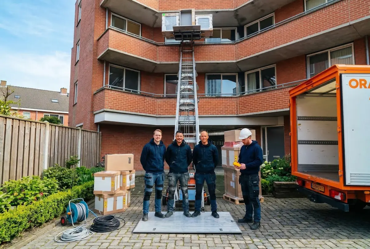 Team plaatst verhuislift bij flat in Rotterdam Charlois
